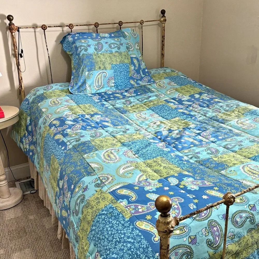 1980s Blue Paisley Full Comforter Sham Reversible Mod Patchwork Vintage Cottag